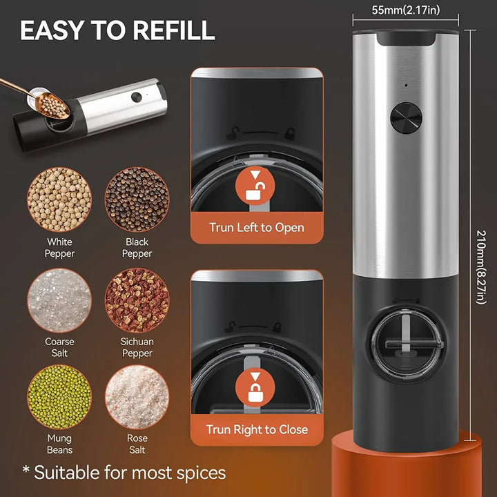 Electric pepper and salt grinder, stainless steel, rechargeable